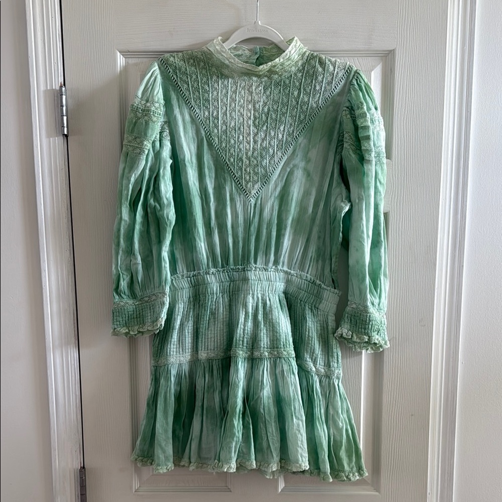 LoveShackFancy Green Long Sleeve Sundress with Peter Pan Collar